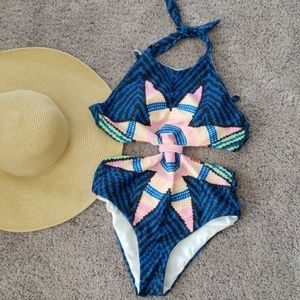 One piece tribal print cut out monokini swim suit